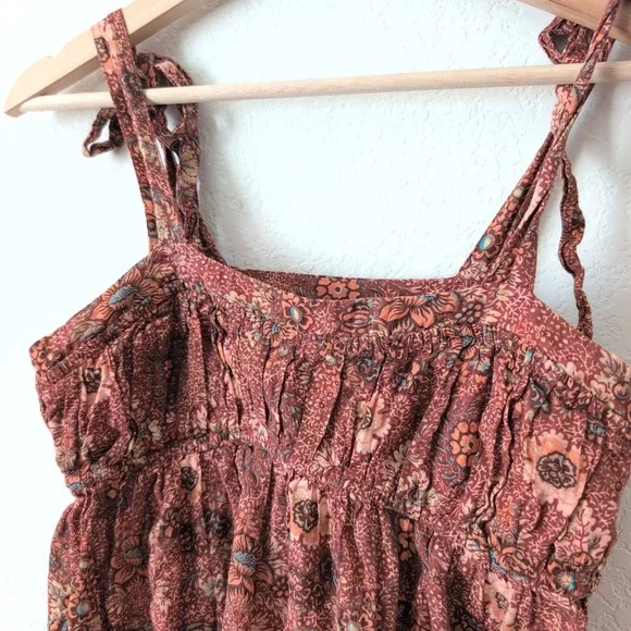 Ulla Johnson Cordelia Floral Tiered Midi Dress Smocked Tie Strap Rosebud Brown 4